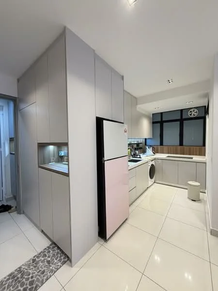 Kitchen features: white cabinetry with flat-panel design, pink refrigerator, built-in oven, washing machine, white countertop, ceramic tile flooring, recessed downlights, floor-to-ceiling windows, kitchen island, single-bowl stainless-steel sink, chrome pull-down faucet, backlit cabinetry, open shelving; style: modern.