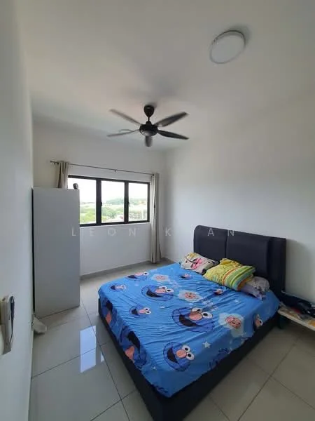 Bedroom features: queen-size bed with colorful bedding, upholstered headboard, 2 bedside pillows, ceiling fan with 3 blades, floor-to-ceiling window, curtains, white painted walls, glossy tile flooring, built-in wardrobe, decorative wall light; style: modern; view: garden.