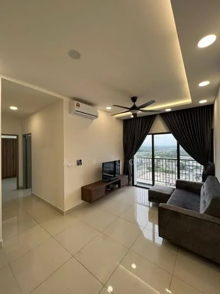 Living features: grey fabric sofa, wooden TV console, wall-mounted TV, 5-blade ceiling fan with light, recessed downlights, floor-to-ceiling windows, blackout curtains, white painted walls, glossy tile flooring, air conditioning unit; style: modern; view: city. Room features: white painted walls, glossy tile flooring, doorway leading to another room.