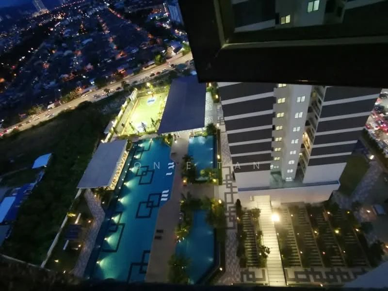Exterior type: high-rise condominium; features: infinity pool, lap pool, pool deck with loungers, landscaped garden, outdoor dining pavilion, children's playground, manicured lawn, parking deck, multiple storey building, night lighting, surrounded by urban landscape; style: modern.