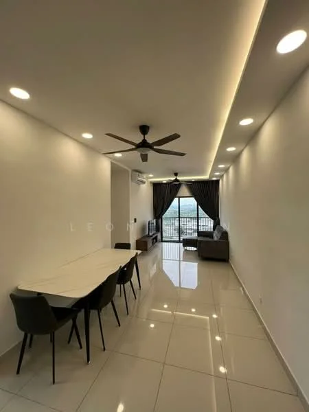 Living features: white painted walls, glossy ceramic tile flooring, 5-blade ceiling fan with light, recessed LED downlights, floor-to-ceiling windows, blackout curtains, dining table for 6, black dining chairs, sofa, TV console; style: modern; view: city.