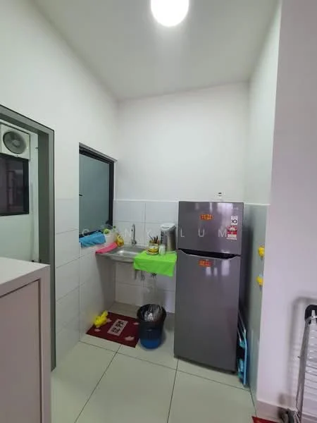 Kitchen features: white painted walls, tile flooring, single-bowl stainless-steel sink, chrome pull-down faucet, grey fridge, countertop with space for appliances, kitchen towel hanging, colorful dish cloths, open shelving, small window, light fixture on ceiling; style: modern.