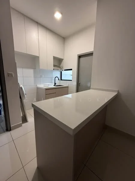 Kitchen features: white cabinetry, marble countertop, single-bowl stainless-steel sink, chrome pull-down faucet, built-in oven, ceramic tile flooring, white tiled backsplash, recessed downlights, sliding glass door, open layout with breakfast bar; style: modern.