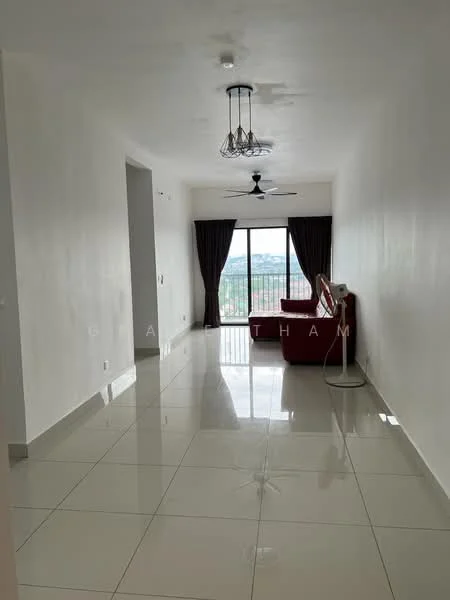 Living features: white painted walls, glossy ceramic tile flooring, 5-blade ceiling fan with light, large floor-to-ceiling windows, dark brown curtains, red fabric sofa, TV console, decorative floor lamp; style: modern; view: city.