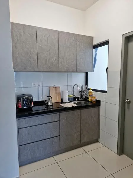 Kitchen features: grey cabinetry, black granite countertop, single-bowl stainless-steel sink, chrome pull-down faucet, built-in microwave, toaster, kettle, cutting board, dish drying rack, white tiled backsplash, white walls, floor-to-ceiling window, tile flooring; style: modern.