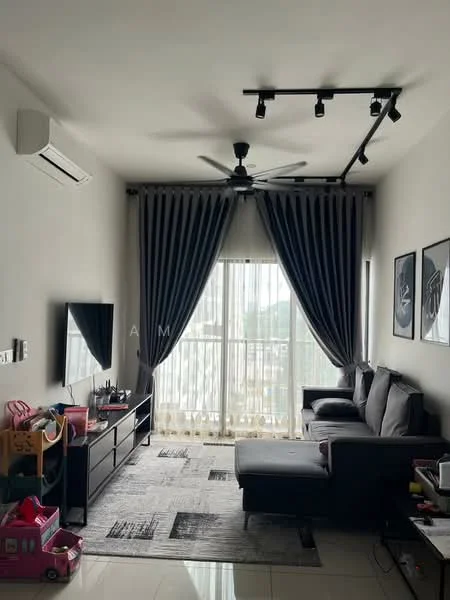 Living features: 3-seater fabric sofa in grey, coffee table, TV console, wall-mounted TV, area rug with geometric pattern, 5-blade ceiling fan with light, floor-to-ceiling windows, sheer curtains, dark grey curtains, decorative wall art, polished tile flooring, wall mirror; style: modern; view: city.