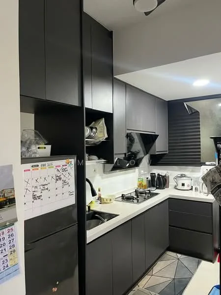 Kitchen features: black cabinetry, white countertop, stainless-steel sink, chrome pull-down faucet, built-in gas hob, exhaust hood, microwave, rice cooker, refrigerator, tile flooring with geometric pattern, wall-mounted calendar, open shelving, under-cabinet lighting; style: modern.