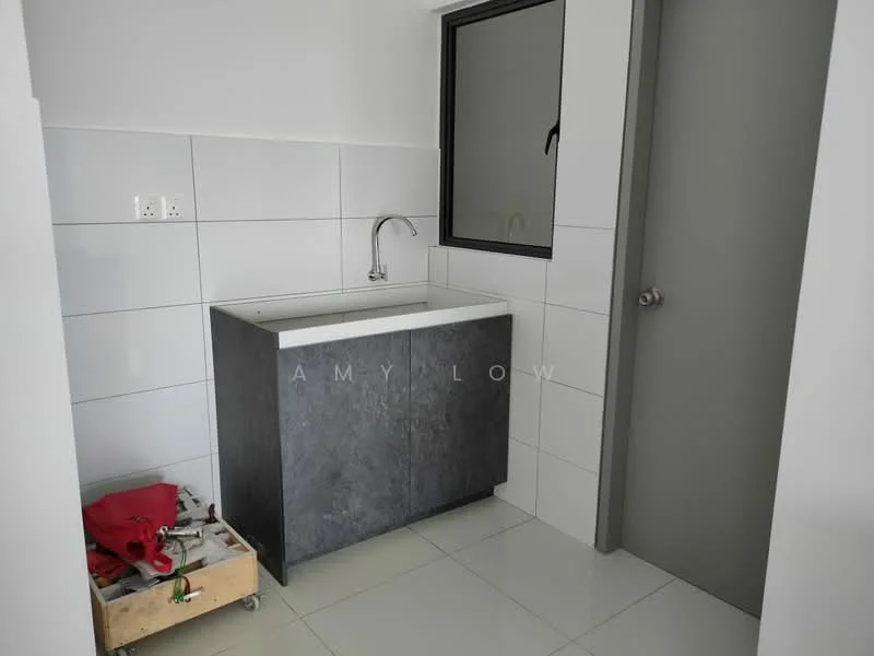 Laundry features: single-bowl stainless-steel sink, grey cabinetry, white countertop, white tiled walls, grey tiled flooring, window for natural light, door leading to another room, drawer unit with visible contents; style: modern.
