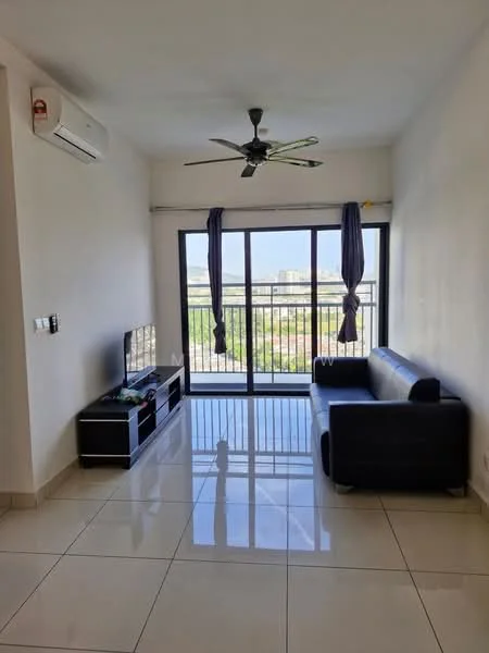 Living features: white painted walls, glossy ceramic tile flooring, 5-blade ceiling fan with light, floor-to-ceiling windows, black leather sofa, TV console, wall-mounted TV, curtains, air conditioning unit; style: modern; view: city.