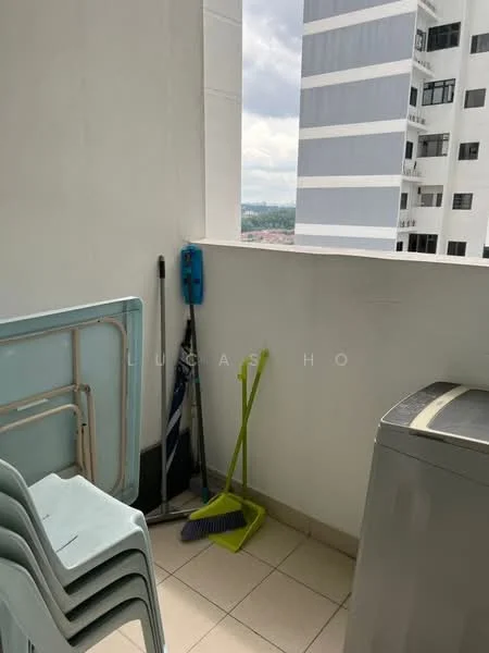 Room features: white walls, floor tiles, balcony railing, stacked plastic chairs, broom, dustpan, washing machine, window with view; view: city.