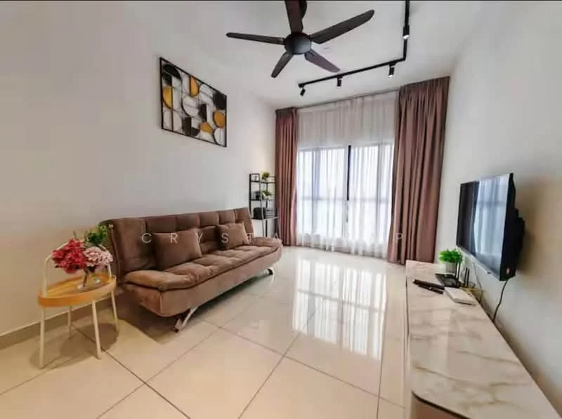 Living features: 3-seater fabric sofa in brown, coffee table with glass top, TV console with marble finish, wall-mounted TV, floor-to-ceiling windows, sheer curtains, recessed LED downlights, 5-blade ceiling fan with light, decorative wall art, ceramic tile flooring, area rug, potted plants; style: modern; view: city.