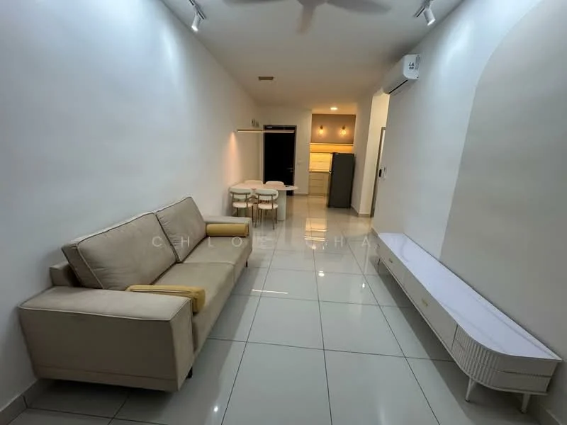 Living features: beige fabric sofa, white TV console, recessed downlights, white painted walls, glossy tile flooring, ceiling fan, dining table with four chairs, open layout to kitchen; style: modern.