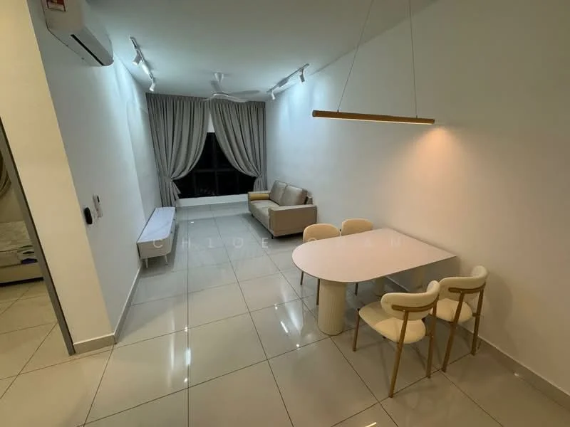 Living features: white painted walls, glossy ceramic tile flooring, floor-to-ceiling windows, sheer curtains, 3-seater fabric sofa in beige, dining table with round top, 4 upholstered dining chairs, hanging pendant light, 1 wall-mounted split AC, recessed LED downlights; style: modern; view: city.