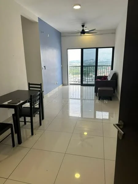 Living features: white painted walls, grey accent wall, glossy ceramic tile flooring, 5-blade ceiling fan with light, floor-to-ceiling windows, sliding glass door, black dining table with four chairs, grey fabric sofa, decorative wall art, natural light from windows; style: modern; view: city.