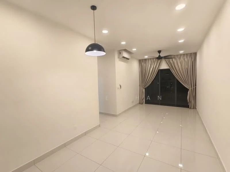 Living features: white painted walls, glossy ceramic tile flooring, recessed LED downlights, 1 ceiling fan, 1 pendant lamp, floor-to-ceiling sliding glass door, sheer curtains, air conditioning unit; style: modern.