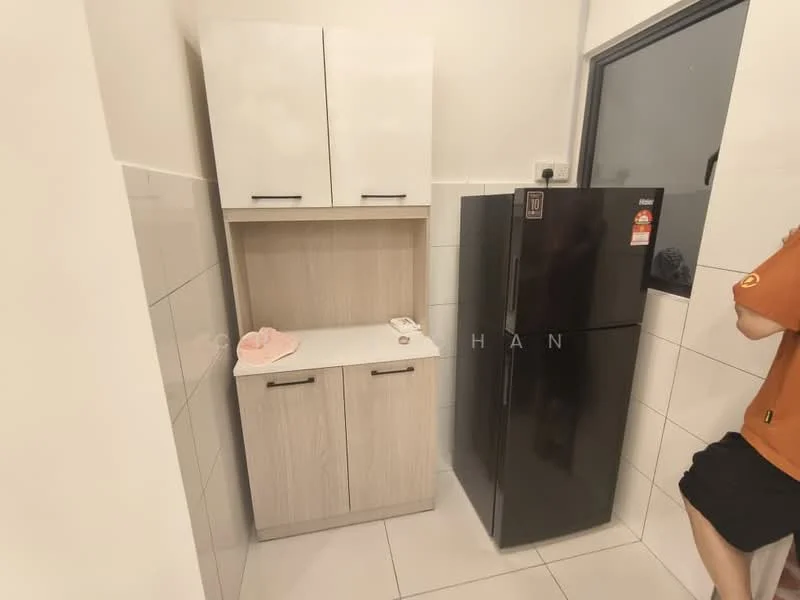 Kitchen features: white upper cabinets, light wood lower cabinets, white countertop, black refrigerator, grey tiled walls, white tiled flooring, window with black frame, sink area; style: modern.