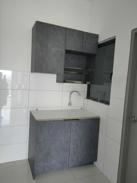Kitchen features: grey cabinetry, white countertop, single-bowl stainless-steel sink, chrome pull-down faucet, tile backsplash, white tiled walls, grey tiled flooring, open shelving above sink, window above sink; style: modern.