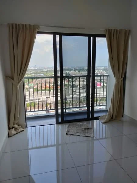 Room features: floor-to-ceiling sliding glass door, curtains, white walls, glossy tile flooring, city view, balcony access; style: modern; view: city.