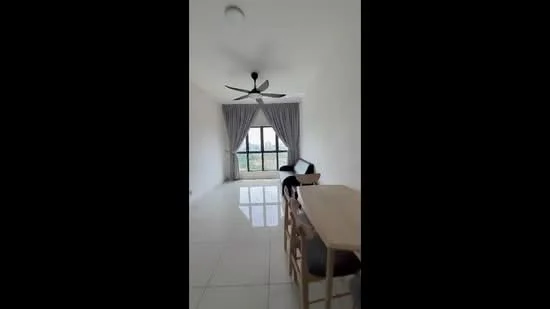 Living features: white painted walls, glossy tile flooring, 5-blade ceiling fan, large window with city view, curtains, dining table with chairs, sofa, natural light; style: modern; view: city.