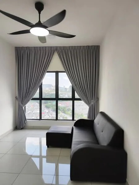 Living features: 3-seater fabric sofa in black, ottoman, floor-to-ceiling windows, grey sheer curtains, white painted walls, glossy tile flooring, 5-blade ceiling fan with light, city view; style: modern; view: city.