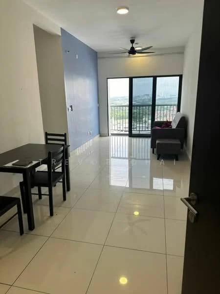 Living features: white painted walls, grey accent wall, glossy tile flooring, 5-blade ceiling fan with light, floor-to-ceiling windows, sliding glass door, black sofa, dining table for four, chairs, balcony view; style: modern; view: city.