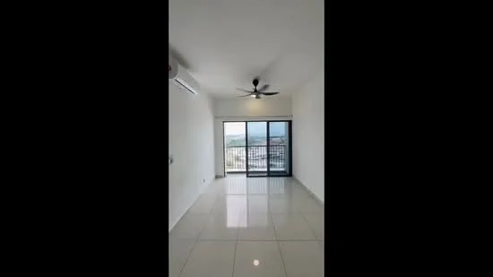 Living features: white painted walls, glossy ceramic tile flooring, 5-blade ceiling fan with light, floor-to-ceiling sliding glass door, balcony access, air conditioning unit, natural light from large window, neutral color palette; style: modern; view: city.
