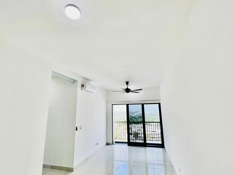 Living features: white painted walls, glossy tile flooring, 5-blade ceiling fan with light, wall-mounted split AC, floor-to-ceiling sliding glass door, black railing on balcony, mountain view, natural light from large window; style: modern; view: mountain.