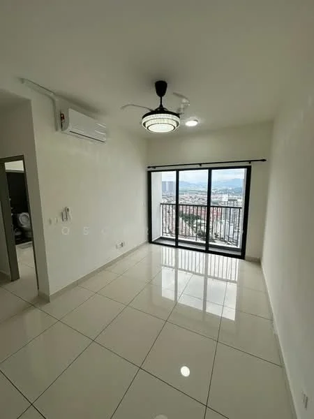 Living features: white painted walls, glossy tile flooring, 5-blade ceiling fan with light, recessed downlights, floor-to-ceiling windows, sliding glass door, balcony access, city view, wall-mounted split AC; style: modern; view: city.