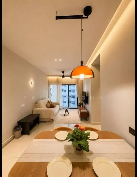 Living features: light grey painted walls, white ceiling with recessed downlights, pendant lamp with orange shade, sofa in light beige fabric, coffee table, TV console, wall-mounted TV, floor-to-ceiling windows with sheer curtains, sliding glass door leading to balcony, area rug, decorative plants; style: modern; view: city. Dining features: round dining table, wooden dining chairs, table runner, decorative plant in center, dinner plates; style: modern.