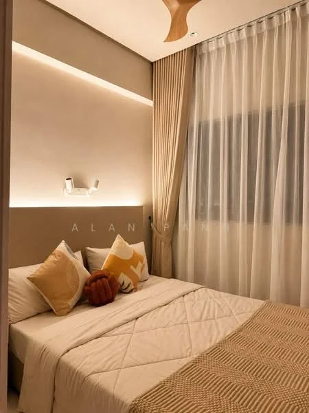 Bedroom features: queen-size bed with white bedding, upholstered headboard, decorative throw pillows, bedside wall-mounted lamp, sheer curtains, accent wall with LED lighting, wooden ceiling fan, textured beige throw blanket, carpeted flooring, built-in wardrobe; style: modern.