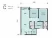 Floor plan: 2-bedroom 2-bathroom unit; features: open-plan kitchen-dining-living, master bedroom with ensuite bathroom, bedroom 2 with shared bathroom, utility room, balcony off living room, central foyer, 1 car porch.