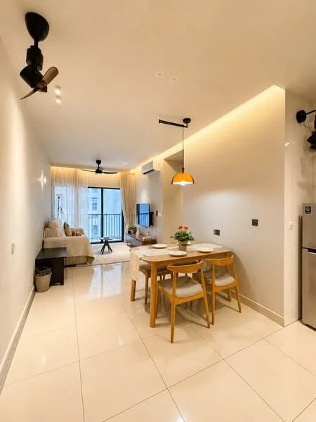 Dining features: dining table with 4 chairs, pendant lamp above table, white walls, recessed lighting, large window with sheer curtains, floor-to-ceiling windows, light-colored tiled flooring, open layout to living area; style: modern; view: city. Living features: sofa, coffee table, TV console, wall-mounted TV, ceiling fan, decorative plants, light-colored walls, area rug; style: modern; view: city.