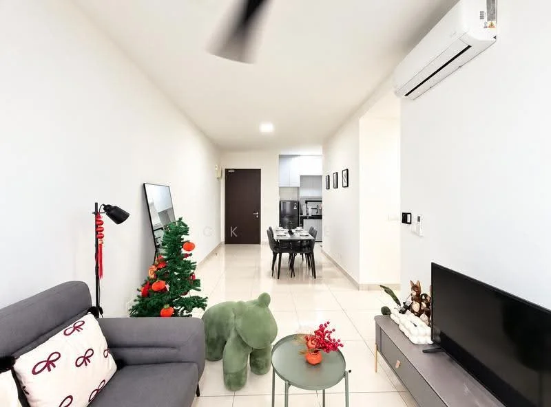 Living features: grey fabric sofa, decorative throw pillows, green plush bear, small round coffee table, wall-mounted TV, air conditioning unit, white painted walls, tile flooring, floor lamp, decorative plant, mirror on wall; style: modern. Room features: dining table with chairs, kitchen area visible in background.
