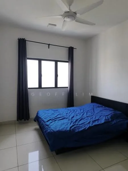 Bedroom features: king-size bed with blue bedding, white painted walls, glossy tile flooring, ceiling fan, black curtains, two windows with grid design, minimalist decor; style: modern.