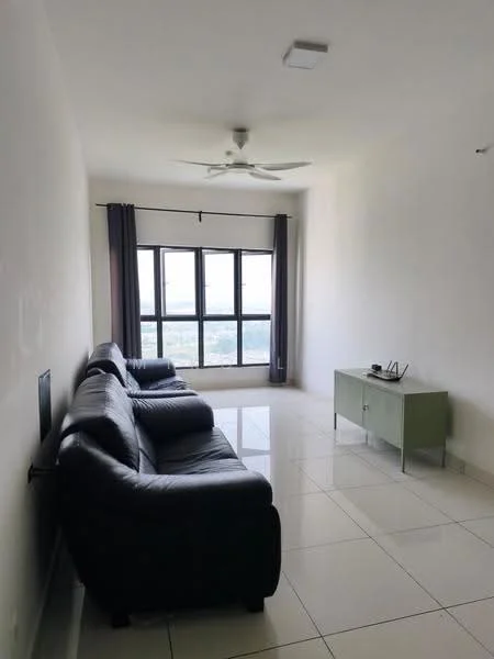 Living features: 3-seater leather sofa in black, 2-seater leather sofa in black, ceiling fan, floor-to-ceiling windows, grey curtains, white painted walls, glossy ceramic tile flooring, TV console, decorative items on console; style: modern; view: city.