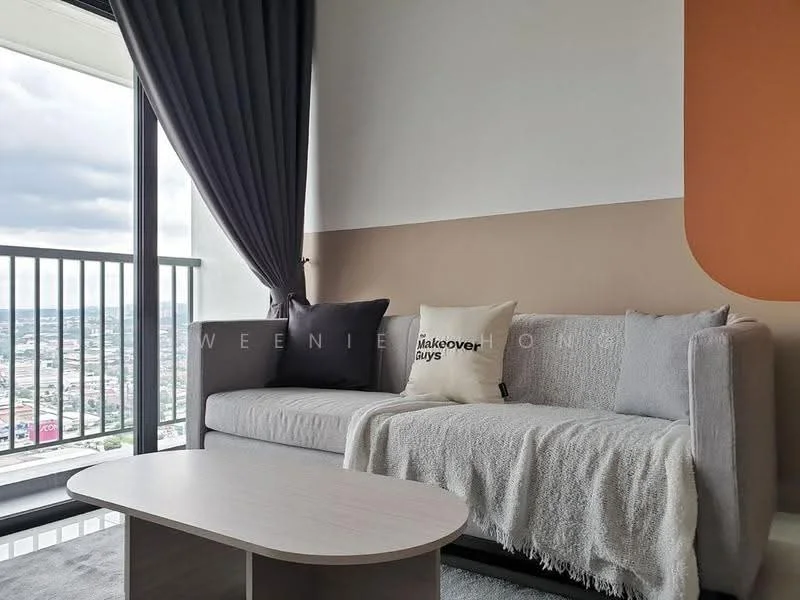 Living features: 3-seater fabric sofa in grey, decorative throw blanket, coffee table with light wood finish, floor-to-ceiling windows, curtains in dark grey, accent wall in beige, decorative cushion with text, city view through windows; style: modern; view: city.