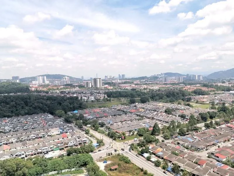 Exterior type: high-rise condominium; features: city skyline view, surrounded by residential areas, greenery in the foreground, urban landscape, mountain view in the background, multi-storey buildings, road visible in the foreground; style: modern.