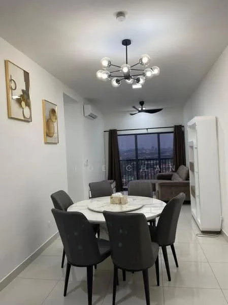 Dining features: round marble dining table, 6 upholstered dining chairs in grey, 5-blade ceiling fan with light, recessed downlights, white painted walls, large window with city view, grey curtains, decorative wall art; style: modern; view: city. Living features: fabric sofa in light grey, coffee table, TV console, area rug, floor-to-ceiling windows; style: modern; view: city.