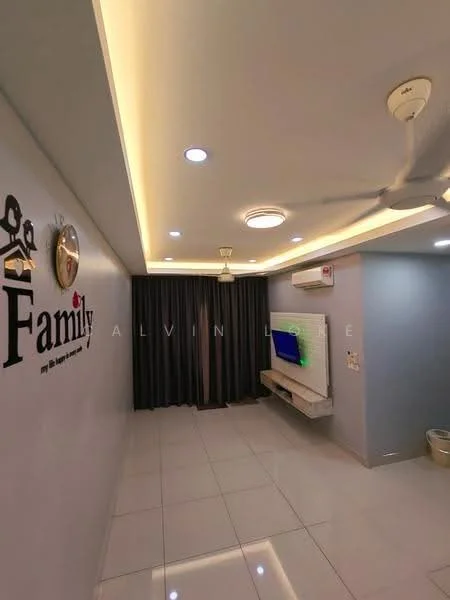 Living features: white painted walls, glossy ceramic tile flooring, recessed downlights, ceiling fan, wall-mounted TV, floating TV console, dark grey curtains, decorative wall clock, family-themed wall decor; style: modern.