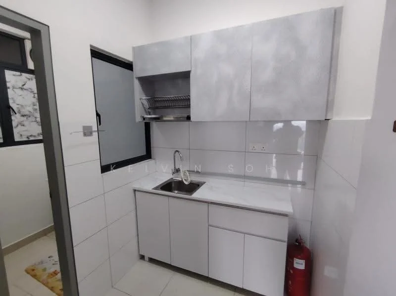 Kitchen features: single-bowl stainless-steel sink, chrome pull-down faucet, white laminate countertop, grey upper cabinets with textured finish, open shelving above sink, white tiled backsplash, white tiled walls, grey floor tiles, fire extinguisher, window with black frame; style: modern.