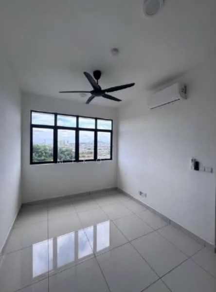Room features: white painted walls, glossy ceramic tile flooring, 5-blade ceiling fan, wall-mounted split AC, floor-to-ceiling windows, city view, light switch, power outlet; style: modern; view: city.