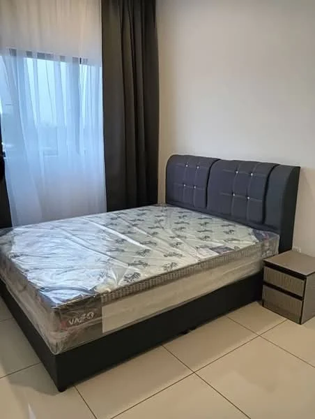 Bedroom features: queen-size bed with upholstered headboard, mattress covered with plastic wrap, nightstand with drawers, white walls, floor-to-ceiling window, sheer curtains, tile flooring, decorative wall paneling; style: modern.