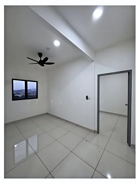 Room features: white painted walls, sloped ceiling, recessed downlights, 5-blade ceiling fan, large window with city view, grey door, glossy ceramic tile flooring; style: modern; view: city.