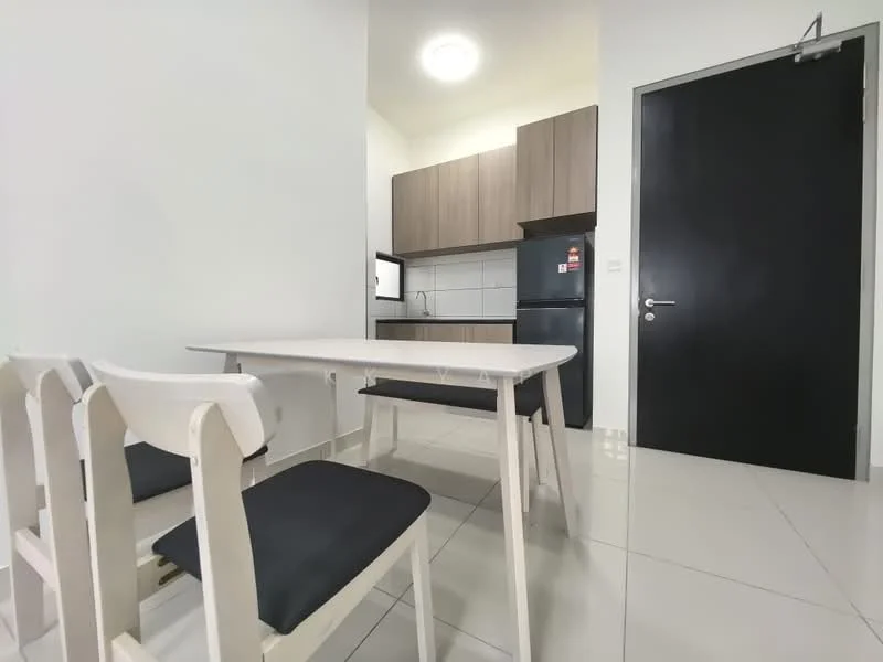 Dining features: white rectangular dining table, 4 white wooden chairs with black cushions, kitchenette with brown wooden cabinetry, black refrigerator, white countertop, grey tiled flooring, recessed ceiling light, black door, window with no visible treatment; style: modern.