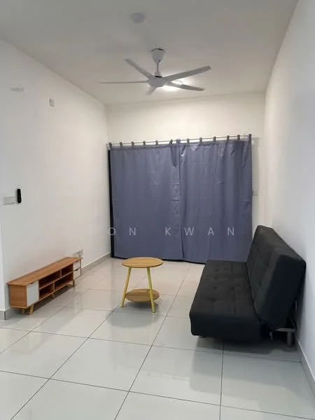 Living features: grey fabric sofa bed, round yellow coffee table, white painted walls, glossy white tile flooring, ceiling fan, curtains in grey, TV console with storage, wall-mounted light switch; style: modern.