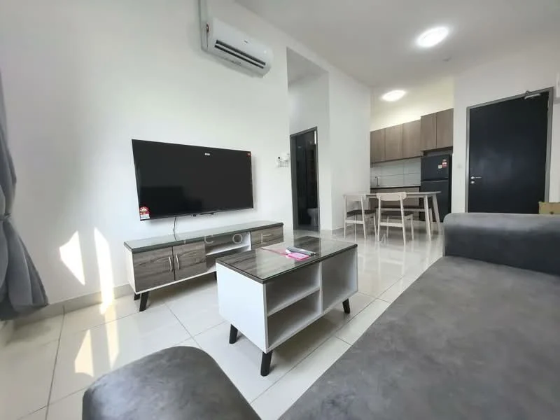 Living features: grey fabric sofa, white coffee table with storage, TV console in light wood, wall-mounted flat-screen TV, 1 wall-mounted split AC, ceramic tile flooring, light grey curtains, recessed ceiling lights; style: modern.