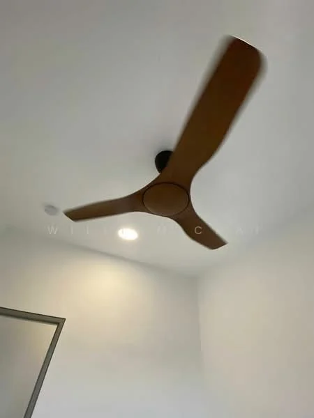 Room features: ceiling fan with three blades, white painted walls, recessed downlights.