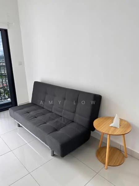 Living features: grey fabric sofa bed, round wooden side table, white painted walls, large window with city view, glossy tile flooring, natural light from window; style: modern; view: city.