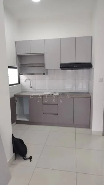 Kitchen features: grey cabinetry, single-bowl stainless-steel sink, chrome pull-down faucet, white tiled backsplash, built-in oven, stainless-steel range hood, countertop with storage below, open shelving above sink, ceramic tile flooring, recessed ceiling lights; style: modern.