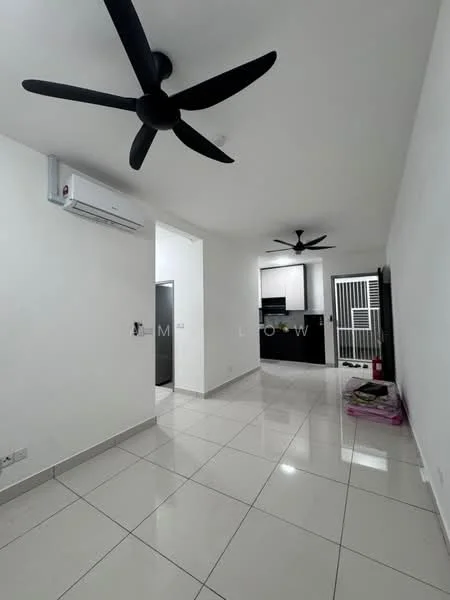Room features: white painted walls, glossy ceramic tile flooring, 2 ceiling fans, 1 wall-mounted split AC, open layout, recessed lighting, doorway leading to another room, large window with natural light; style: modern.